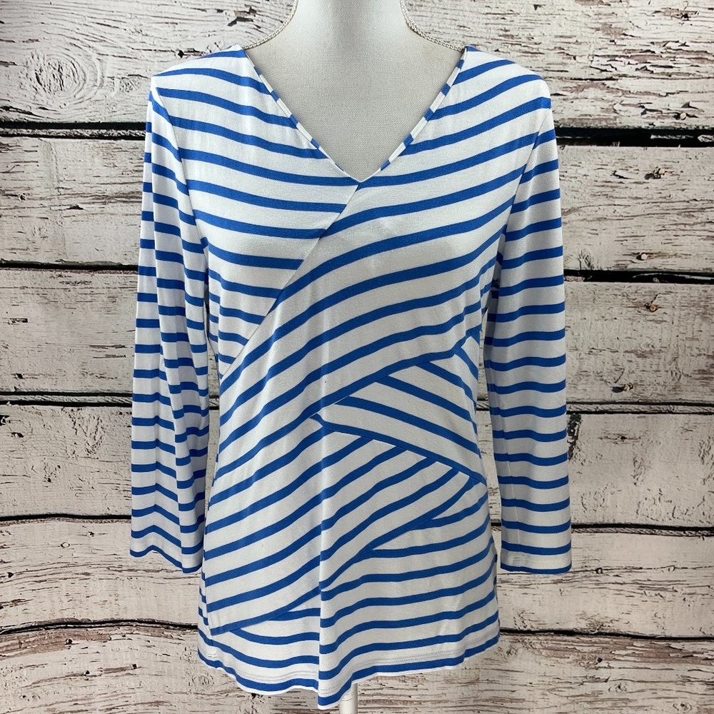 Talbots Women's Top Blouse White Blue Stripes V-Neck Long Sleeve Size Medium